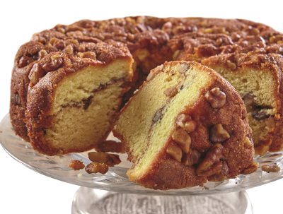 Traditional cinnamon walnut coffee cake.