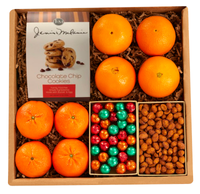 Navel Oranges and Sweet Tangerines, 4 each, paired with a curated selection of cookies, candies and nuts.