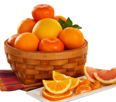 Navels, Tangerines and a Ruby Red Grapefruit in woven basket.