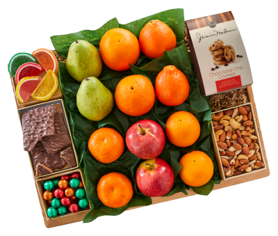 Fruit Variety Gift Box includes three citrus varieties and d'anjou pears flanked by a selection of delicious
sweet Florida treats.