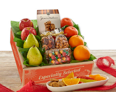 Fruit and snacks gift box with apples, pears, oranges and tangerines plus cookies, chocolates, nuts and crunchy snack mix.