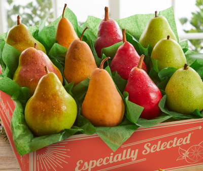 Pear Sampler Gift Box includes premium Comice, D'Anjou, Golden Bosc and Starkromson Pears