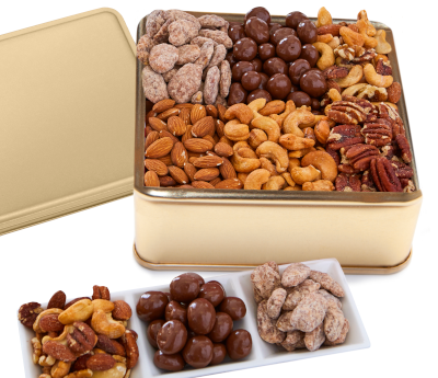 Six varieties of Premium Jumbo Nuts in a Golden tin. No peanuts.